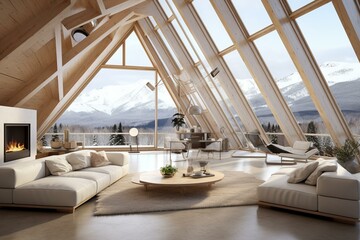 Luxury eco house living room with parquet floor, wooden roof trusses, panoramic window, modern white interior design. Generative AI - obrazy, fototapety, plakaty