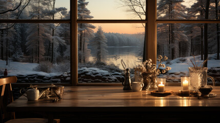 Empty table and winter window in background
