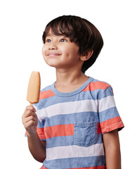 Smile, boy child and popsicle isolated on transparent png background eating sweet summer treats. Happy face of kid with chocolate icecream reward, frozen dessert on stick or ice candy for holiday fun © Bharat/peopleimages.com