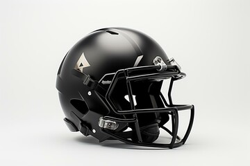 A white background showcasing a 3D mockup of a black football helmet. Generative AI