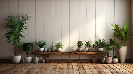 Front view of a blank wall in a room with wooden plant.




