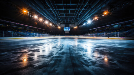 Fototapeta na wymiar Hockey stadium, empty sports arena with ice rink, cold background with bright lighting