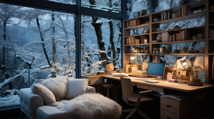 Working behind the laptop, gazing at the winter view outside