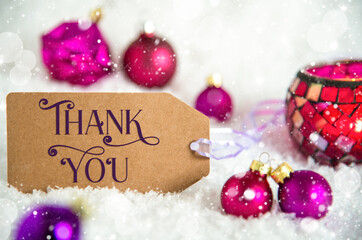 Label With Text Thank You, Snow, Purple Christmas Decor