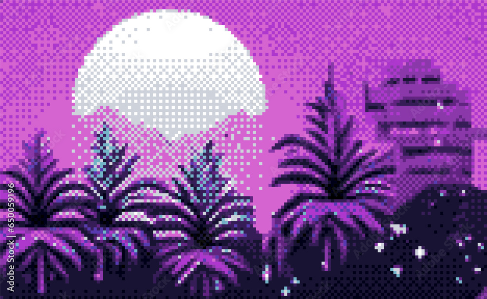 Aufkleber Synthwave retro background with palm trees and sun in pixel art style.