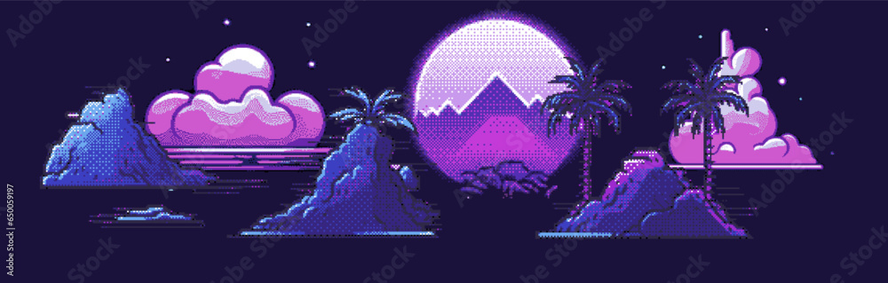 Aufkleber Synthwave retro background with palm trees and sun in pixel art style.
