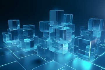 Translucent cubes on a blue backdrop. Futuristic design with room for text. 3D illustration. Generative AI