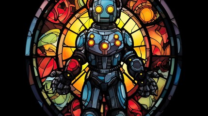 stained glass window in church, stained glass cute sci fi robot