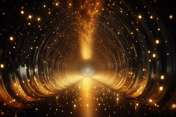Gold tunnel with digital particles, lines and twists for events. 3D render. Generative AI
