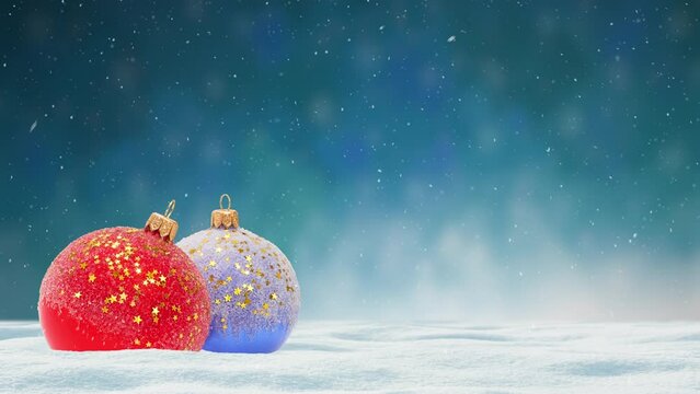 Christmas balls and falling snow. Festive winter scenery. Loop