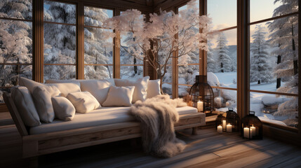 Interior of a wooden house with a winter landscape outside.




