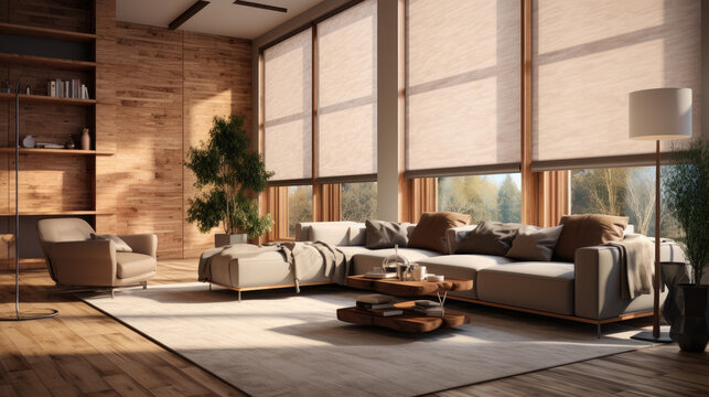 Interior roller blinds are installed in the living room, featuring white colored roller shades on the windows. Within the same room, there are also a houseplants and a sofa present.