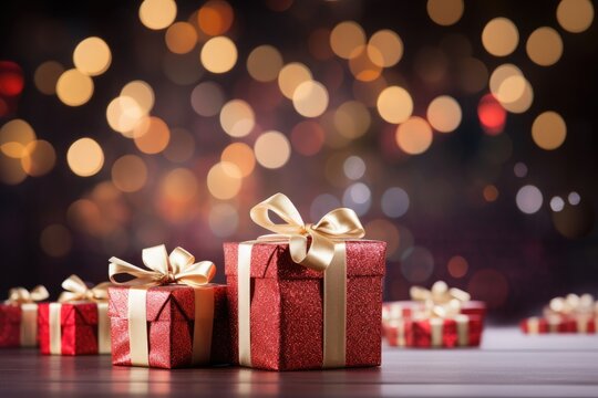 Gift boxes on the background of bokeh. Christmas and new year background. Generative AI
