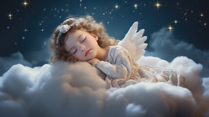 A little girl is sleeping on a cloud