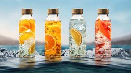 Obraz premium A group of four bottles filled with different types of drinks