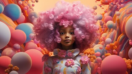 A little girl with a pink wig standing in a field of balloons - obrazy, fototapety, plakaty