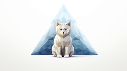 A white cat sitting in front of a triangle