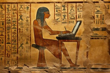 Egyptian King and Laptop in Tomb Painting - obrazy, fototapety, plakaty
