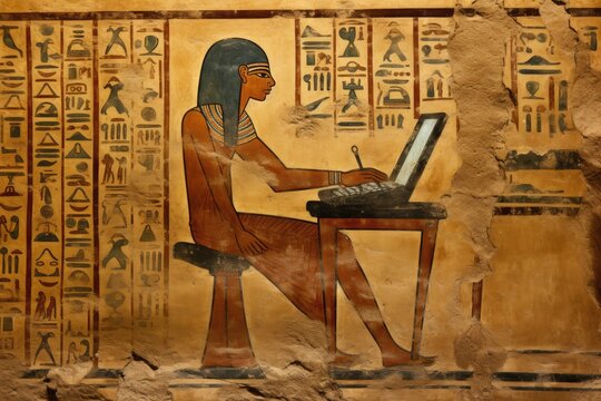 Egyptian King and Laptop in Tomb Painting