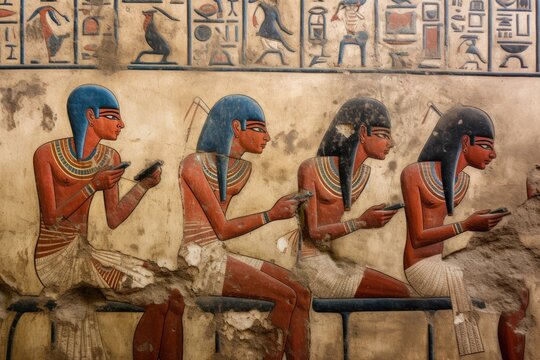 Egyptian King and Smartphone in Tomb Painting