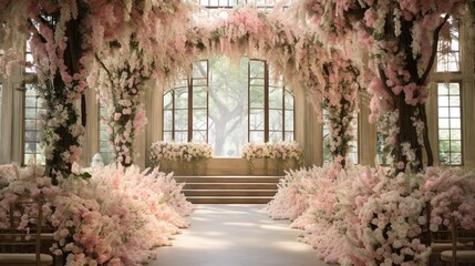 a garden-inspired wedding hall, with floral arches, cascading blooms, and the intoxicating fragrance of blossoms in the air, creating a romantic setting
