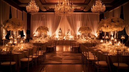 Fototapeta na wymiar a vintage-inspired wedding reception, with crystal chandeliers, ornate mirrors, and a touch of old-world glamour that adds sophistication to the evening