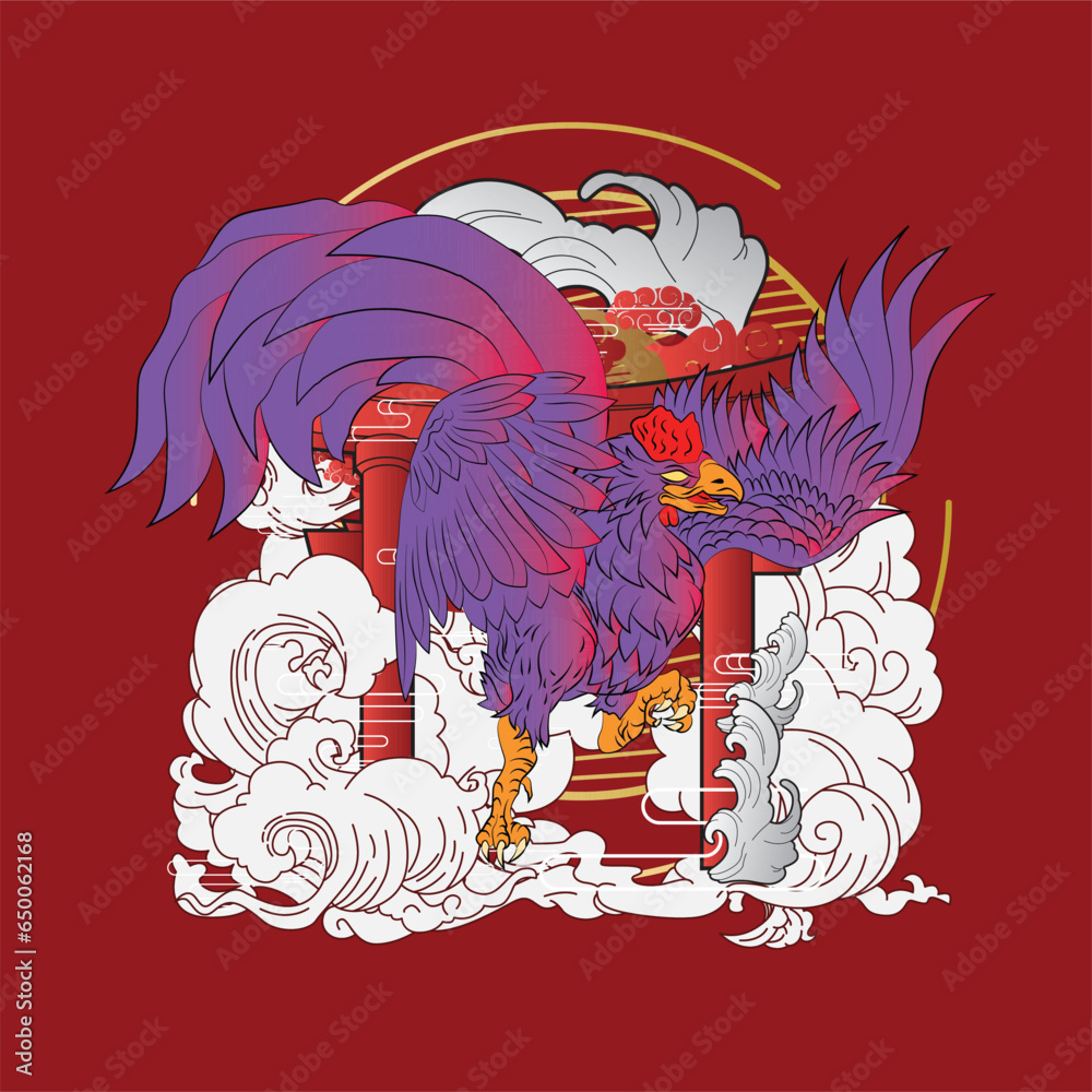 Poster rooster illustration with japanese background