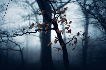Trockenes Laub hängt an Baum in einem dunklen Nebelwald