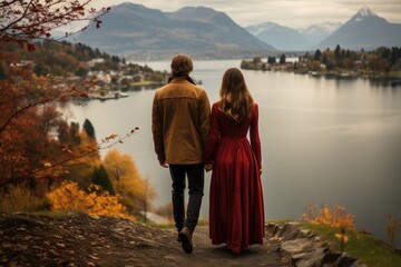 Couple Standing At Top Of Hill On Hike with beautiful lake. Generative AI