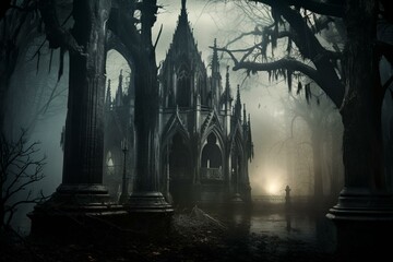Dramatic, gothic chapel with foggy, towering columns. Generative AI