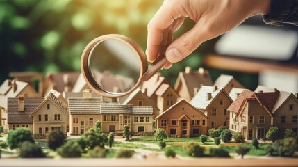 hand holding magnifying glass and looking  at house - obrazy, fototapety, plakaty