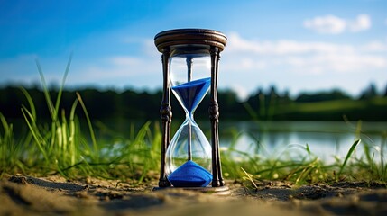 hourglass with dark blue sand in the grass