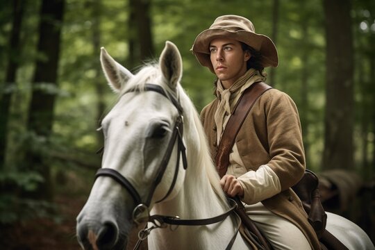 Shot Of A Young Man In Colonial Clothing Dismounting From His Horse