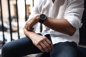 Fototapeta na wymiar cropped shot of a man looking at his wristwatch