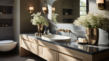 The bathroom boasts an exquisite design featuring a white oak vanity, a marble countertop, elegant golden fixtures, and a sleek circular mirror in black.