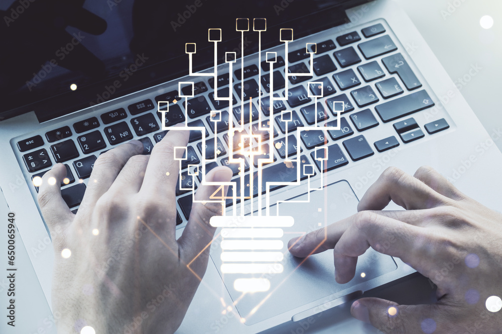 Poster creative idea concept with light bulb and microcircuit illustration and hands typing on laptop on ba