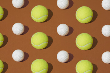 Tennis and golf ball on a brown background. Pattern.