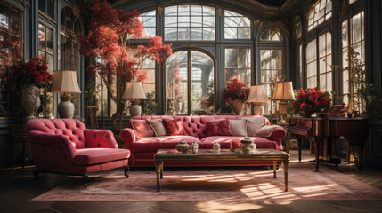 Classic chic romantic living room in 19th century luxurious mansion 