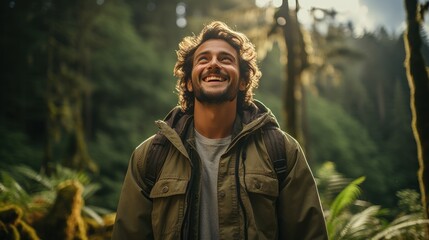 Obraz premium Portrait of a hiker exploring a beautiful forest and nature