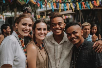 Gordijnen lgbtq, pride and interracial with friends at a celebration event together in bali © altitudevisual