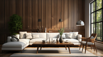 White sofa and dining table and chairs against planks paneling wall.  interior design of living room