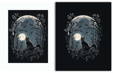 Vector halloween t-shirt design with black outlines, a cute black cat, full moon, bats flying in the sky, trees creeping trees
