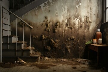 A musty basement displaying water damage and growth of fungi on walls. Generative AI