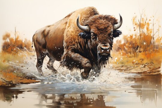 A painting of buffalo running through a water puddle with splashes on the ground, on a white background. Generative AI