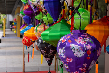 Paper lanterns on the streets of old Asian town. Vietnam travel
