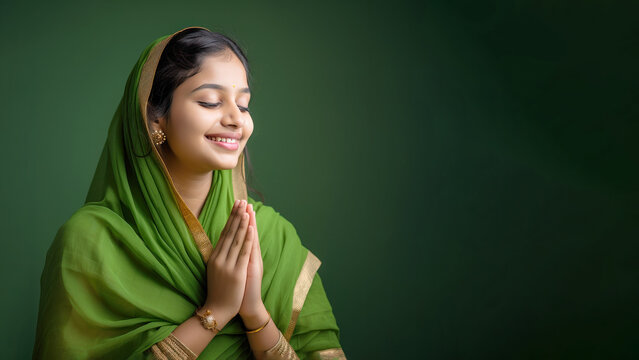 Indian Girl In Green Sari Cloth Praying, Greeting Diwali Celebration