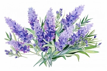 Lavender bouquet with purple flowers and leaves on a white background, painted in watercolors, with a realistic illustration. Generative AI