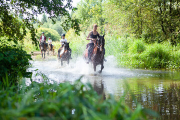Horse ride, young girls riders, crossing a river, a stream on horseback, splashes from horse...