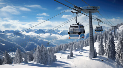 Fototapeta na wymiar ski lift with sunlight across a snowy ski mountain