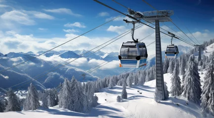 Stickers pour porte Gondoles ski lift with sunlight across a snowy ski mountain